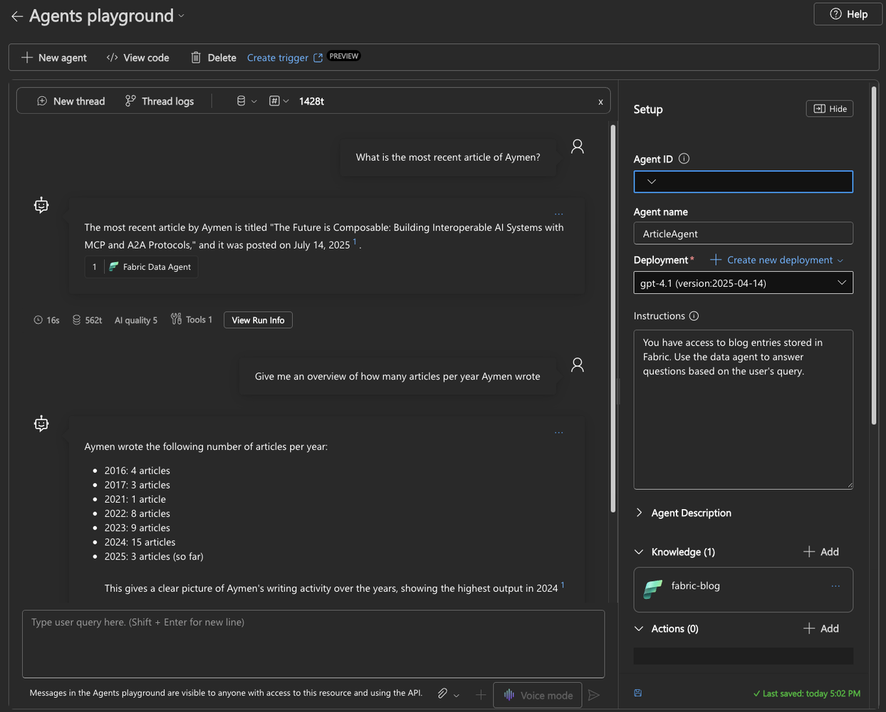 Azure AI Agent Service connected to Fabric’s Data Agent