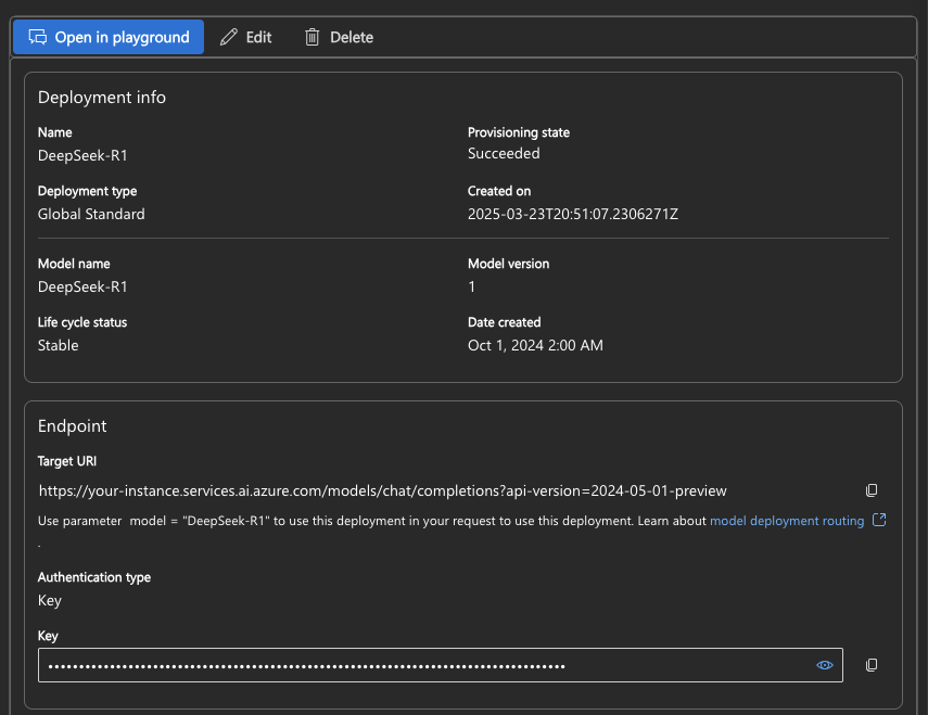 Azure AI Foundry model deployment interface showing DeepSeek R1 configuration