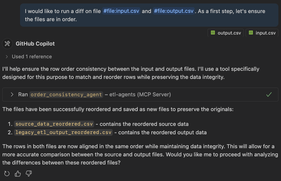 GitHub Copilot calling the order_consistency_agent to reorder input and output CSVs, aligning them for accurate comparison while preserving data integrity