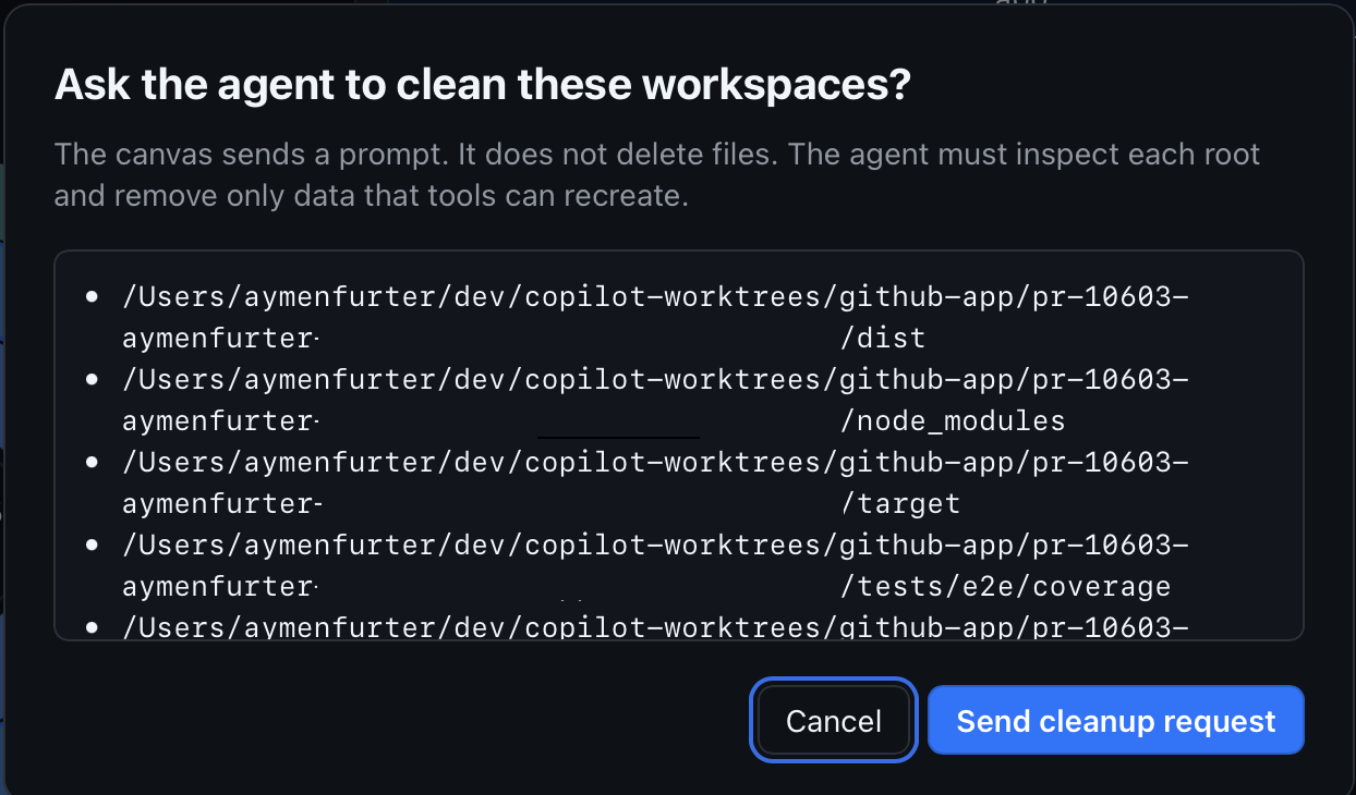 Cleanup confirmation listing the selected workspace directories