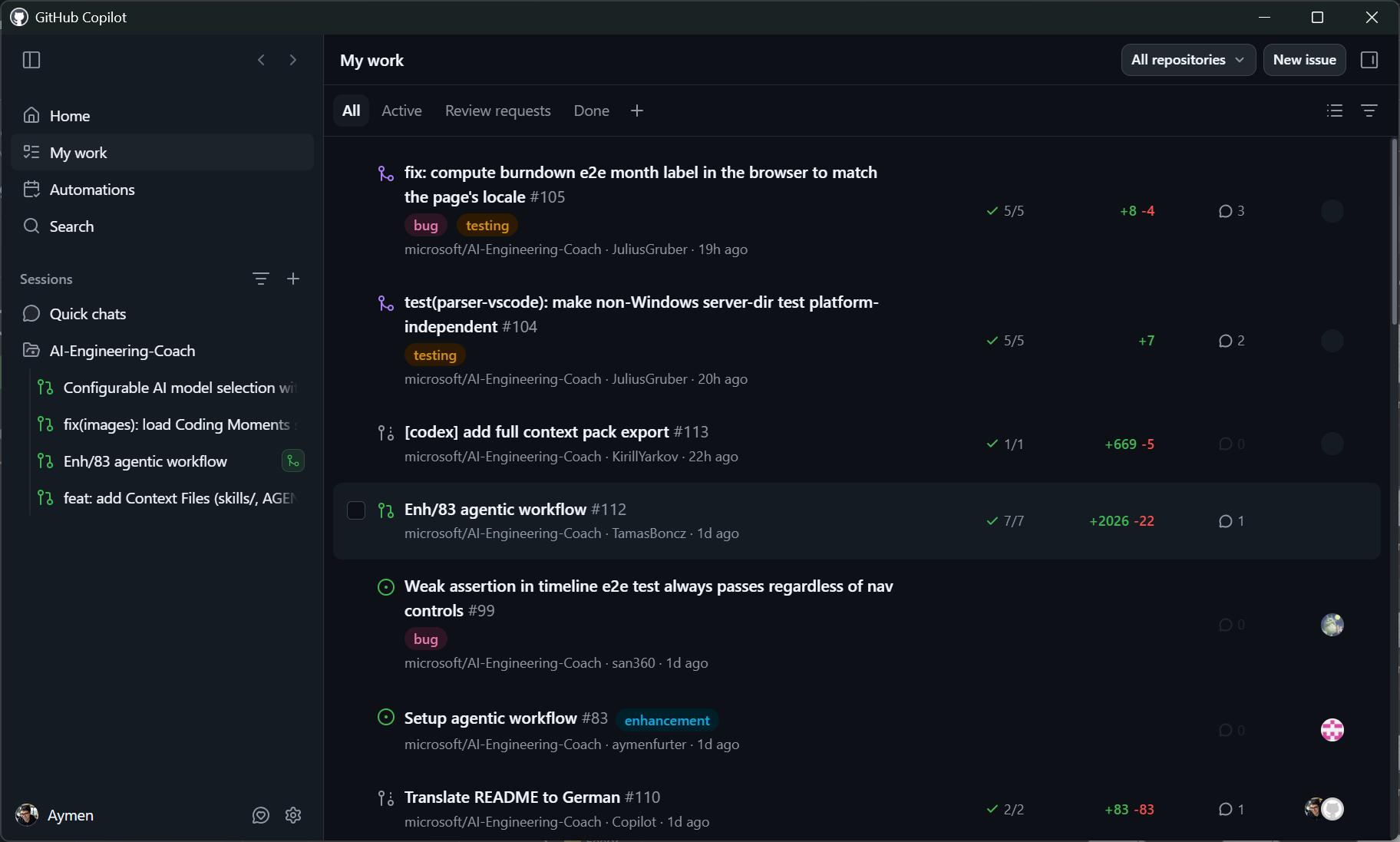The My Work view, listing issues and pull requests assigned to me