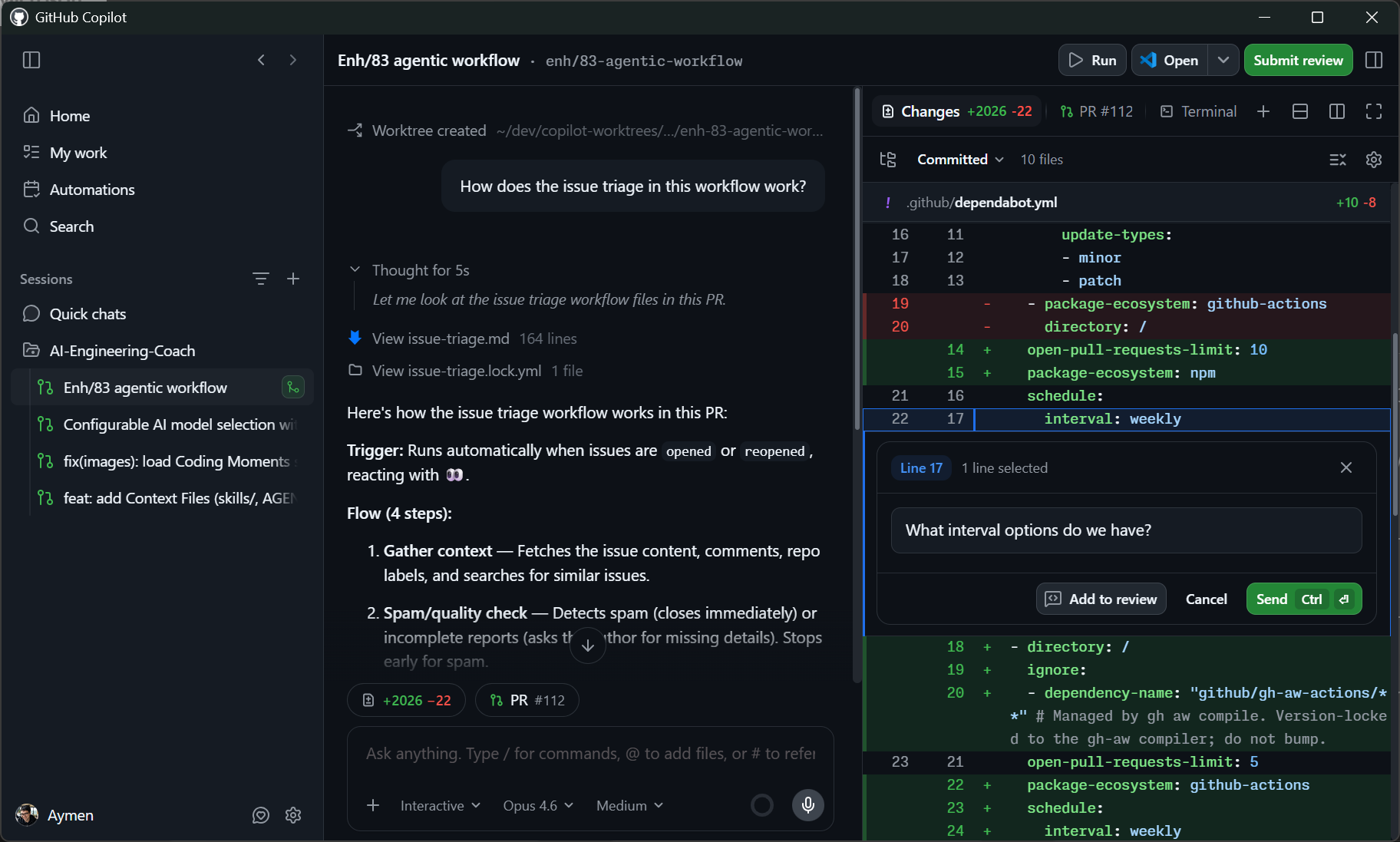 A session with its changes and review panel open alongside the chat