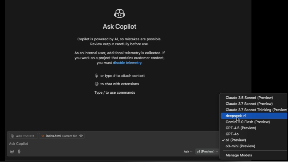GitHub Copilot custom model integration interface